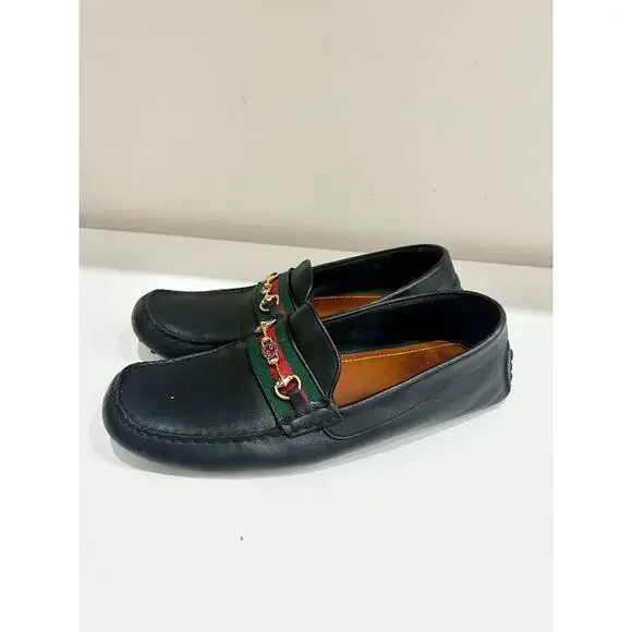 Gucci Leather Slip On Loafer Black with Gold Buckle and Red/Green Stripe Mens 11 - Picture 2 of 7